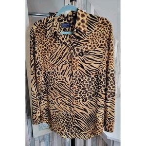 LIZ CLAIBORNE- LIZ SPORT ANIMAL PRINT LONG SLEEVE COLLARED BLOUSE WOMENS SIZE M